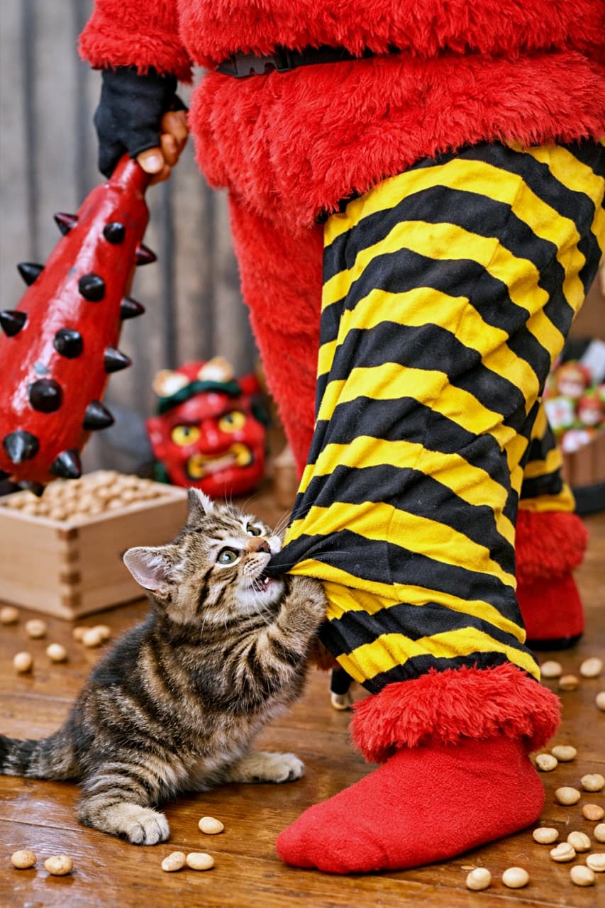 「鬼さんピンチ！？縞パンをつかんで離さない子猫の節分大乱闘🐾」A playful kitten tugging at the yellow and black striped oni pants worn by a person during Setsubun, humorous and photorealistic scene. 節分の鬼が履いた黄色と黒の縞模様のズボンを、子猫が引っ張って遊ぶユーモラスな様子のリアルな写真