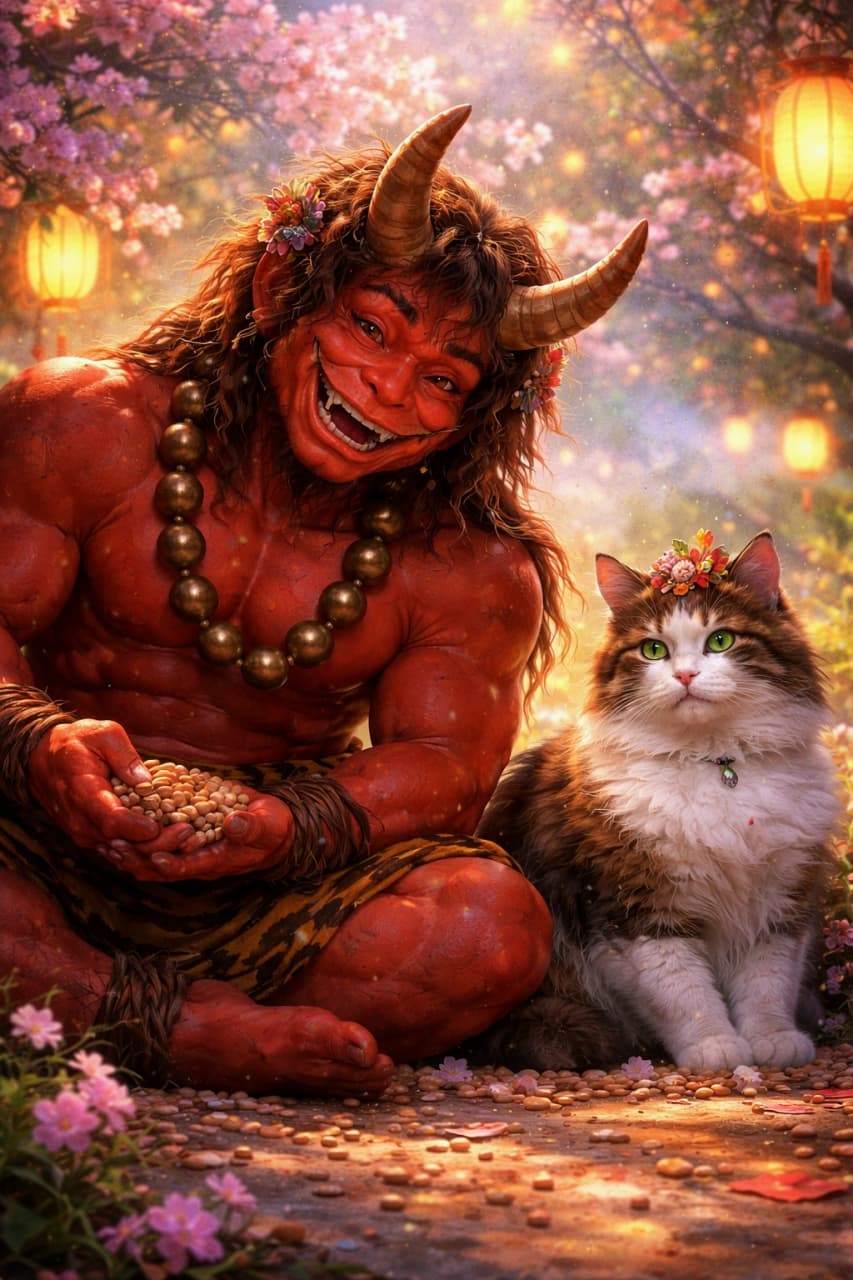 「鬼も猫も、今日は仲良し。福豆の音に包まれる、ちょっと不思議で優しい節分の夜」A peaceful cat sitting beside a smiling red oni during a dreamlike Setsubun scene, surrounded by warm lantern light and falling soybeans in a magical Japanese garden. 夢幻的な節分の世界で、微笑む赤鬼の隣に静かに座る猫。灯籠の光と福豆が舞う幻想的な日本庭園の情景