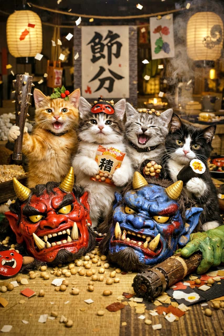 「鬼は外！福は内！小さなヒーローたちが節分バトルで大勝利🐾✨」Four kittens posing proudly after defeating oni during Setsubun, surrounded by oni masks, scattered soybeans, and festive Japanese decorations, photorealistic fantasy scene. 節分で鬼を倒したあと、誇らしげに並ぶ4匹の子猫。鬼のお面と豆が散らばる、幻想的でフォトリアルな祝祭シーン