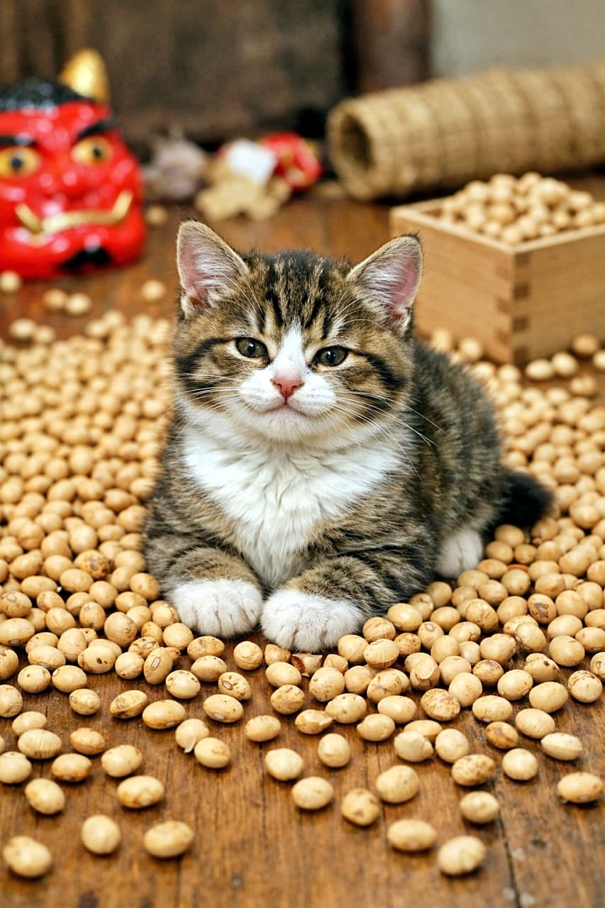 「豆まき後の床は、子猫にとって特等席。福も可愛さも、しっかり居座りました」A content kitten sitting calmly on a wooden floor covered with roasted soybeans after Setsubun, photorealistic, traditional Japanese atmosphere. 節分の豆まき後、炒り豆が広がる床の上で満足そうに座る子猫のフォトリアルな写真