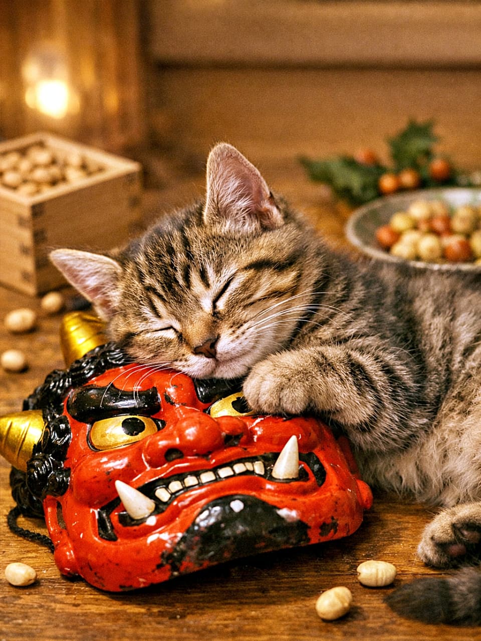 「節分おつかれさま🐾鬼のお面が枕に早変わり…子猫の夢時間が尊すぎる💤」A sleeping kitten resting its head on a red oni mask after Setsubun, warm indoor lighting, photorealistic. 節分のあと、赤い鬼のお面を枕にして眠る子猫のフォトリアルな室内写真