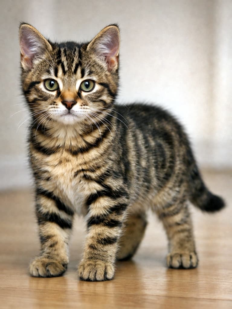 「少し大人びた表情がたまらない、生後10週。子猫と若猫のあいだの、今だけの凛とした瞬間」A photorealistic 10-week-old brown tabby kitten standing confidently indoors under soft natural light. 室内のやわらかな自然光の中で、自信のある佇まいを見せる生後10週のキジトラの子猫