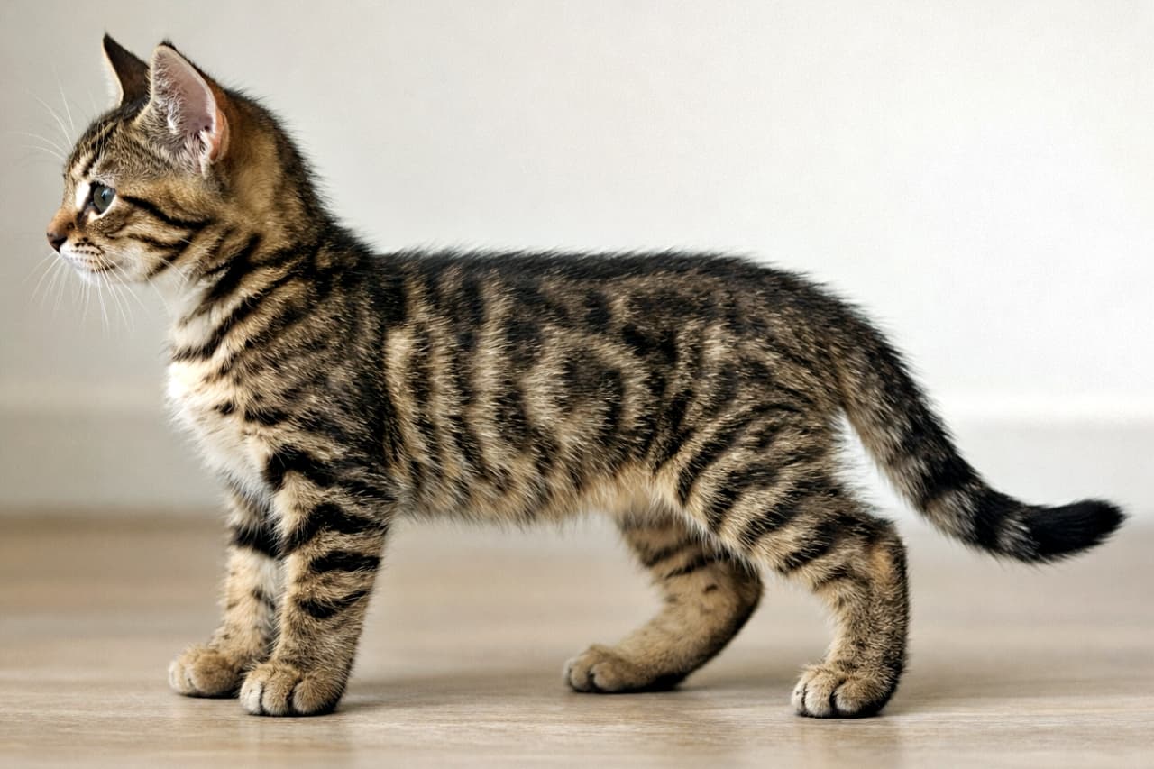 「体がすっと伸びてきた生後10週。子猫らしさと、少し大人の気配が同居する横顔です」A photorealistic side profile of a 10-week-old domestic shorthair brown tabby kitten with a longer body and legs, relaxed posture, clear tabby markings, and soft natural indoor lighting. 生後10週齢のブラウンタビーの短毛猫の子猫。体と脚が長くなり、筋肉の輪郭が見えるリラックスした横向き姿を、柔らかな室内光で写した写真