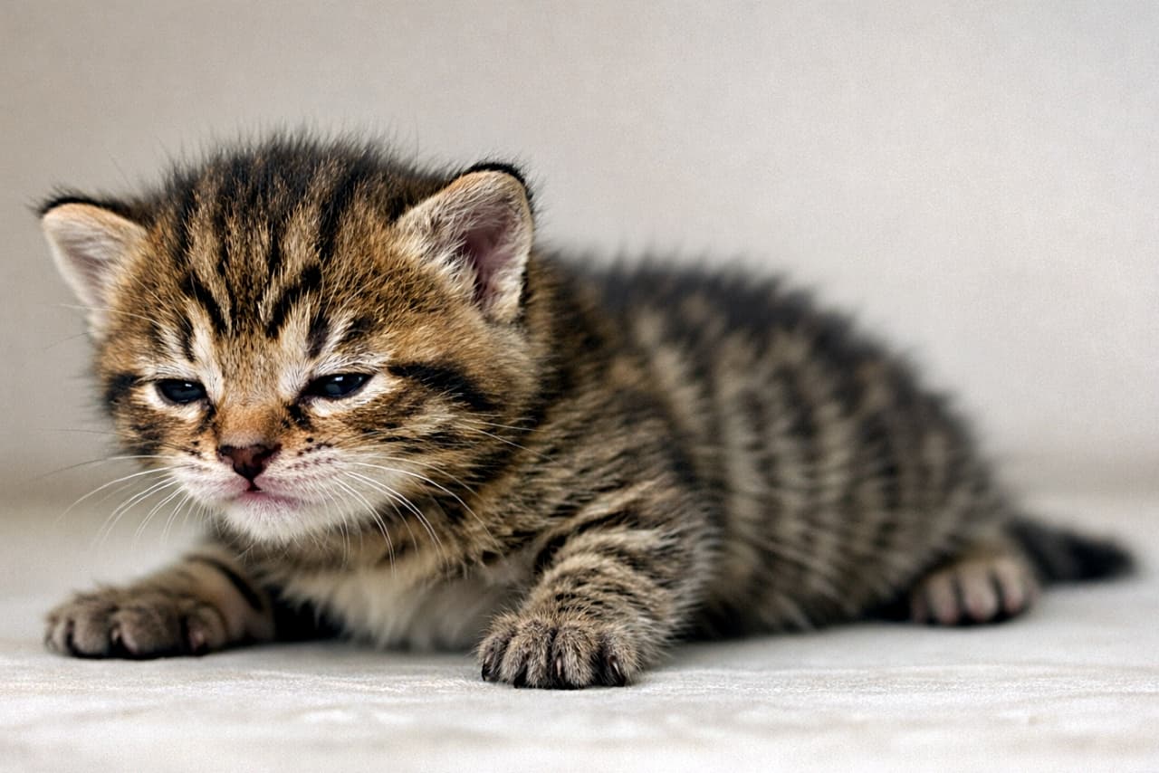 「目が少しだけ世界を知り始めた日。よちよち前進、成長はもう止まりません🐾」A photorealistic image of a 12-day-old brown tabby kitten with partially open eyes and upright ears, slowly crawling on a neutral background under soft natural light. 生後12日ほどのキジトラの子猫が、少し開いた目と立ち始めた耳で、柔らかな光の中をよちよちと動く様子