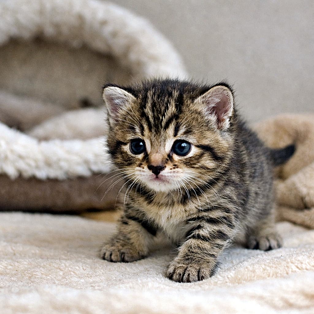 「目がしっかり開いて、よちよち探検スタート。世界が広がり始めた生後16日の子猫🐾」A 16-day-old brown tabby kitten with bright open eyes and soft fluffy fur, clumsily walking and exploring around its nest in natural light. 生後16日ほどのブラウンタビーの子猫が、明るく開いた目で巣の周りをよちよちと探索している様子