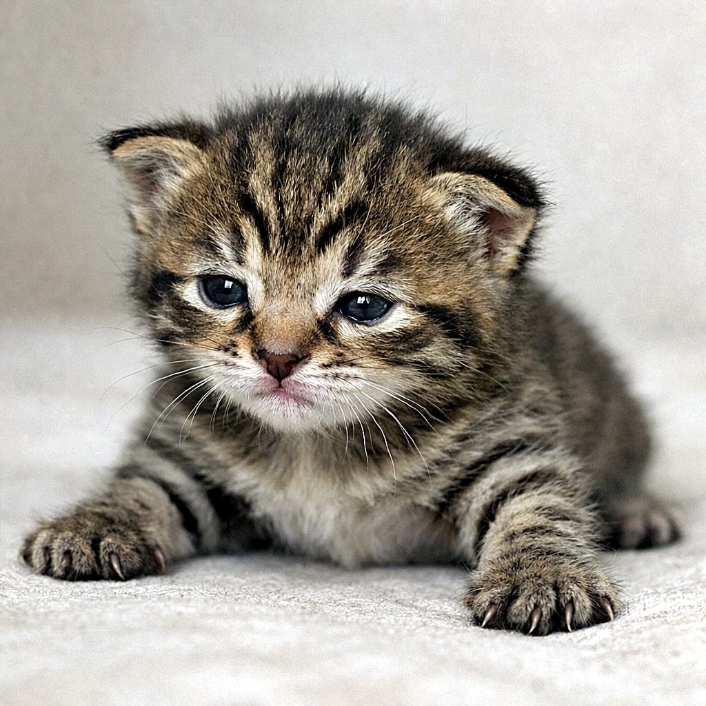 「前足でぐっと踏ん張る生後18日。
まだふらふら、それでも一歩前進な子猫です🐾」An 18-day-old brown tabby kitten attempting to push itself up with its front legs, eyes open but still unfocused, ears unevenly lifting, shown in a realistic developmental stage under soft natural lighting. 生後18日のキジトラの子猫が、前足で体を起こそうとしている様子。目は開いているがまだ焦点が定まらず、耳は左右で不揃いに立ち始めている