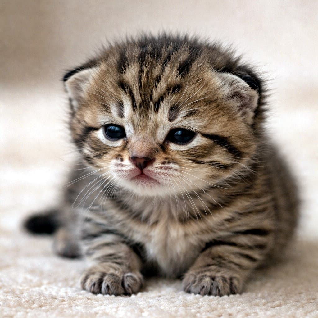 「目が少しずつ世界を見始めたころ。
まだヨチヨチな、生後2週の小さな子猫」A 2-week-old brown tabby kitten lying on a soft surface, with eyes just beginning to open and ears still folded low, photographed in gentle natural light. 目が少し開き始め、耳が低く折れた生後2週ほどのキジトラの子猫が、やわらかな場所に横たわっている様子