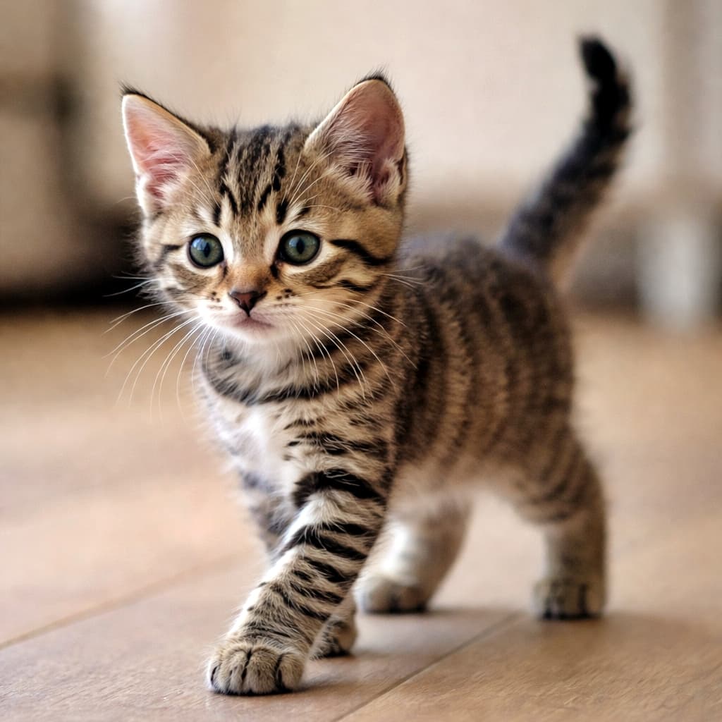 「よちよち卒業目前🐾足がすっと伸びて、もう立派な子猫感。探検したくてたまらないお年頃です✨」A 38-day-old domestic shorthair brown tabby kitten standing and beginning to walk confidently on a wooden floor, with natural proportions, upright ears, and curious expression, photographed indoors with soft natural lighting. 生後38日ほどのブラウンタビーの短毛子猫が、室内の木の床の上で自信を持って歩き始めている様子。耳は立ち、好奇心のある表情をした自然な体型の子猫