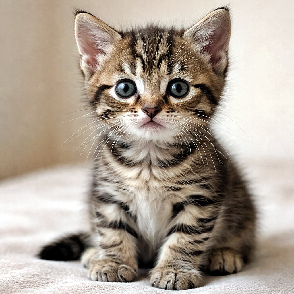 「ちょっとドキドキ、でも気になる。生後4週、はじめてのおすわりに挑戦する子猫さん🐾」A 4-week-old brown tabby kitten sitting unsteadily, with fully open eyes, upright ears, and a curious but cautious expression, photographed in soft natural light against a simple neutral background. 生後4週のキジトラの子猫が、少し不安定におすわりしながら、好奇心と警戒心が混ざった表情を見せている様子。柔らかな自然光とシンプルな背景