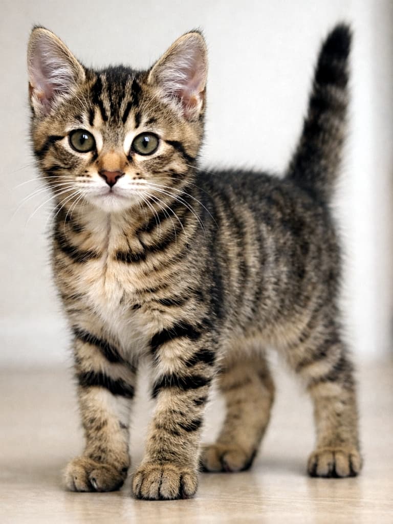 「脚がすっと伸びて、もう赤ちゃん顔卒業間近。子猫から“ちび猫”へ成長中の53日目🐾」A healthy 53-day-old brown tabby kitten standing indoors, with longer legs, balanced body proportions, clear tabby markings, and an alert but calm posture under soft natural lighting. 室内で自然光に照らされて立つ、生後53日の健康なキジトラ子猫。脚が長くなり、体のバランスが整い始め、はっきりした縞模様と落ち着いた表情が見られる