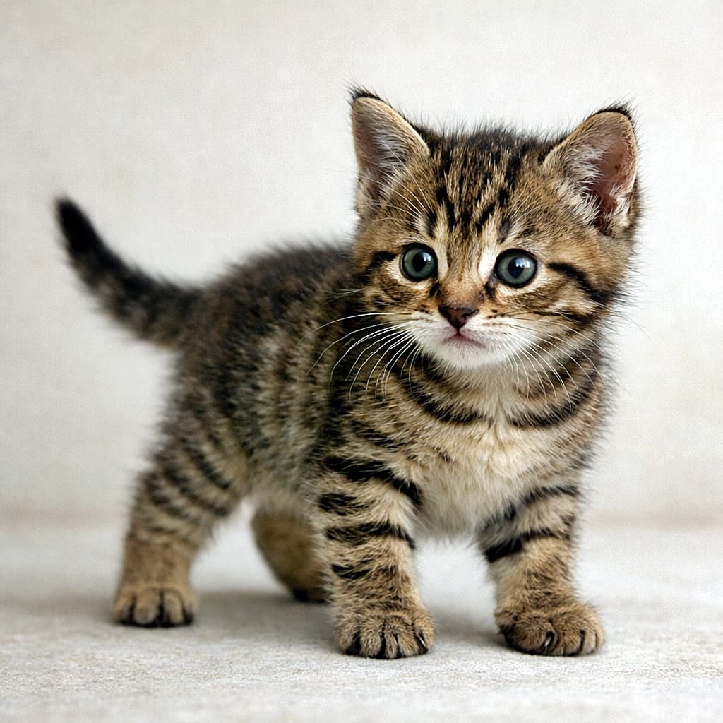 「ふらついていた足取りが安定!四つ足で立つ姿に、子猫の成長を感じる生後5週🐾」A 5-week-old brown tabby kitten standing on all fours with improved balance, tail slightly raised, photographed in soft natural light against a simple neutral background. 生後5週のキジトラの子猫が四つ足で立ち、バランスよく少し尻尾を上げた様子を、やわらかな自然光とシンプルな背景で撮影した写真
