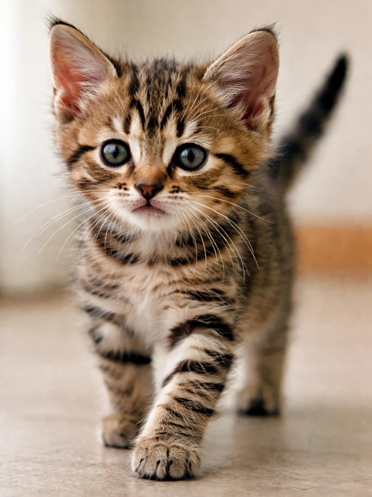 「よちよち卒業!少し自信がついた5週齢の子猫が、興味津々で一歩前へ🐾」A 5-week-old domestic shorthair brown tabby kitten walking steadily, with large ears, natural proportions, and an alert, playful posture under soft natural light. 大きな耳が印象的な生後5週齢のキジトラの子猫が、安定した足取りで歩いている様子。自然な体型と柔らかな光がリアルに表現されている