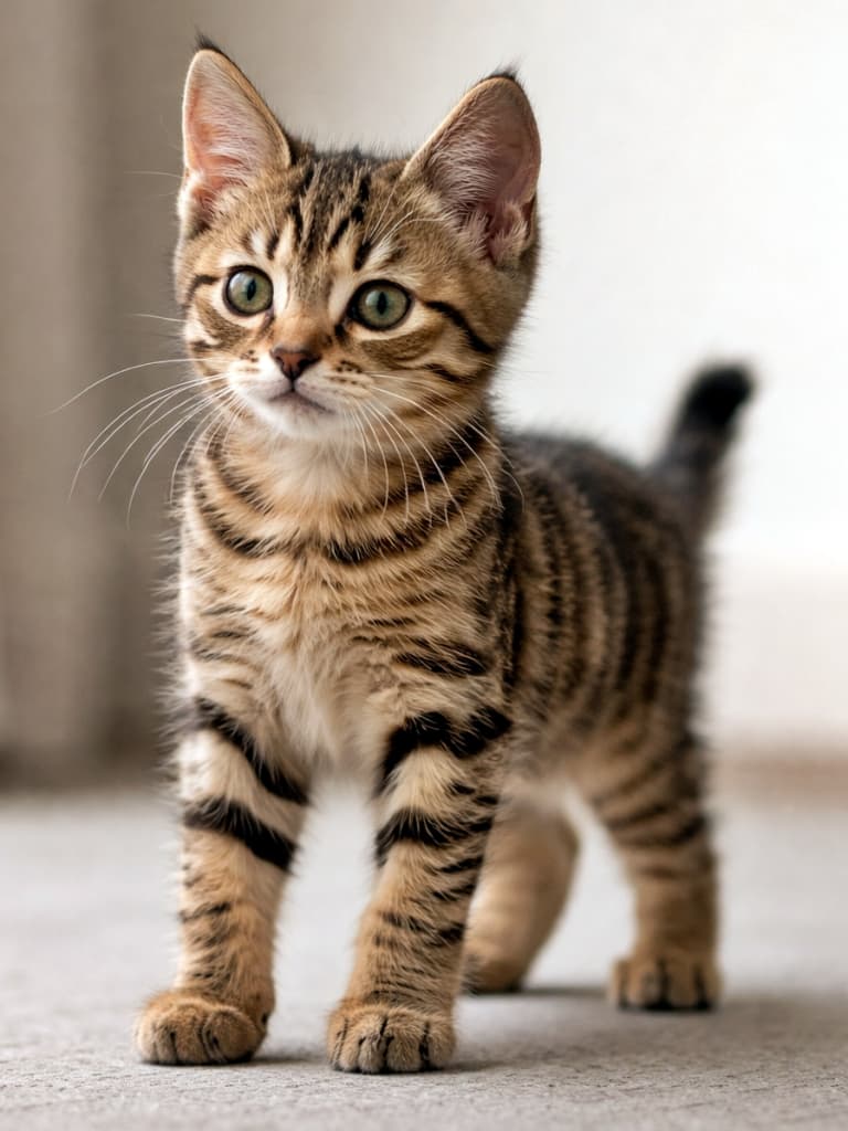 「脚がすらっと、表情はキリッ。子猫、ちょっとだけ“大人”の入口に立ちました。」A 60-day-old brown tabby kitten standing confidently with longer legs and a defined body shape, photographed in soft natural light against a neutral background. 生後60日のキジトラの子猫が、脚が少し長くなり自信のある立ち姿で写っている写真。自然光とシンプルな背景