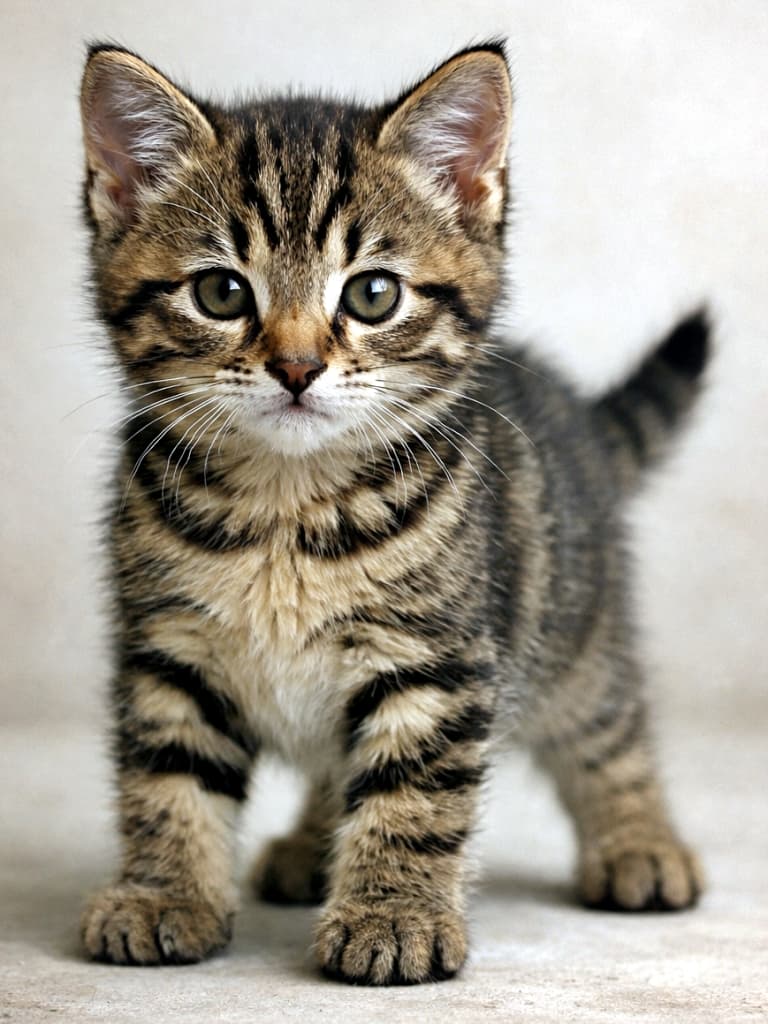 「足取りもしっかり、表情はもう小さな猫。成長の一歩が愛おしい、生後7週のキリッと子猫✨」A photorealistic 6-week-old brown tabby kitten standing steadily with balanced posture, bright focused eyes, and natural proportions, photographed under soft natural lighting against a simple neutral background. バランスよく立つ生後6週のキジトラの子猫。丸みが抜け始めた顔立ちと、輝く集中した瞳が印象的なリアルな写真「赤ちゃん感が抜け始めたリアルな成長途中」
