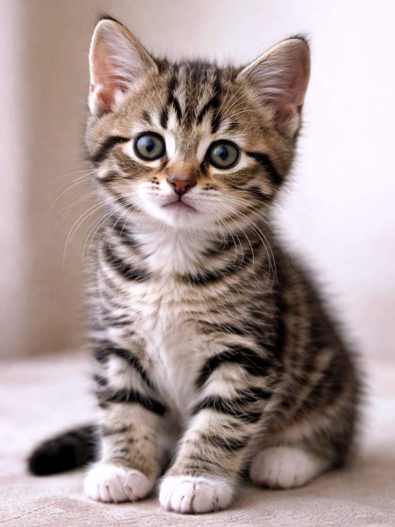 「しっかりお座りできる8週齢🐾表情も体つきも“子猫らしさ”がちょうどいい一枚✨」An 8-week-old brown tabby domestic shorthair kitten sitting upright with a steady posture, bright eyes, and a friendly expression, photographed with soft natural lighting against a simple neutral background. 明るく優しい表情でまっすぐ座る、生後8週齢のキジトラの短毛の子猫。自然光の柔らかなライティングとシンプルな背景で撮影されたリアルな写真