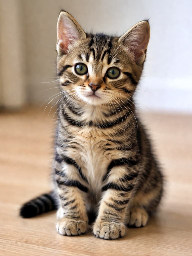 「子猫期のラストスパート。体つきも表情も、もう立派な“ちび猫”です」A photorealistic 10-week-old brown tabby kitten sitting indoors, with clear facial features, distinct tabby markings, and a confident posture under soft natural light. 室内で座る生後10週のキジトラ子猫。はっきりした顔立ちと縞模様が特徴で、自然光の中で自信のある姿勢を見せている