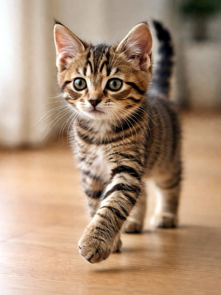 「一歩ずつ成長中。自信たっぷりに歩く、10週目の小さな冒険者🐾」A photorealistic 10-week-old brown tabby kitten walking forward indoors with confident posture and natural lighting. 室内で自信を持って前に歩く、生後10週の茶トラ子猫のリアルな写真
