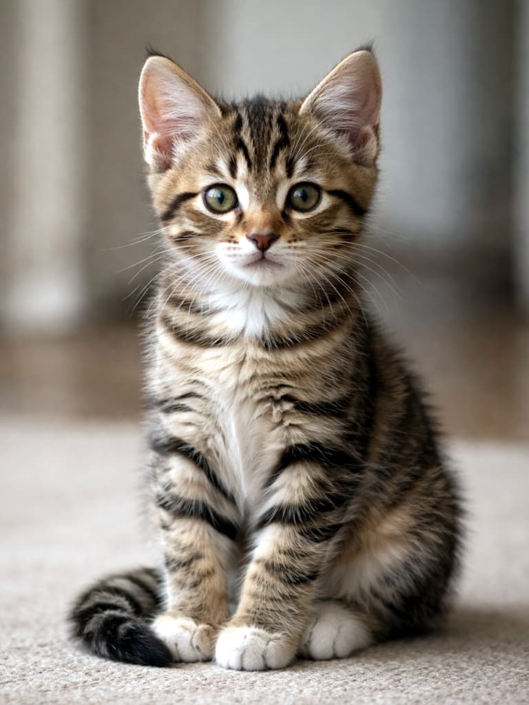 「ちょこんとおすわり。少し大人びた表情が出てくる、生後10週の落ち着きタイム🐾」A photorealistic 10-week-old brown tabby kitten sitting calmly indoors, with an upright posture and its tail wrapped naturally, alert yet relaxed, under soft natural lighting. 室内で穏やかに座る生後10週のブラウンタビーの子猫。背筋を伸ばし、しっぽを自然に巻いた落ち着いた姿で、柔らかな自然光に照らされている
