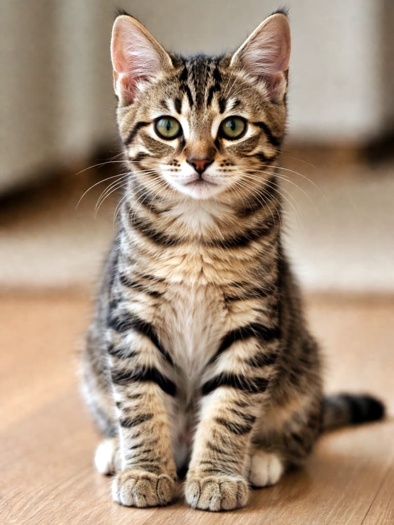 「少し大人びた表情がたまらない。生後67日、子猫から“猫”への成長途中の一瞬」A photorealistic brown tabby domestic shorthair kitten, 67 days old, sitting elegantly indoors with a focused gaze under soft natural light. 柔らかな自然光の室内で、集中した視線で座る生後67日のブラウンタビーの短毛子猫のリアルな写真