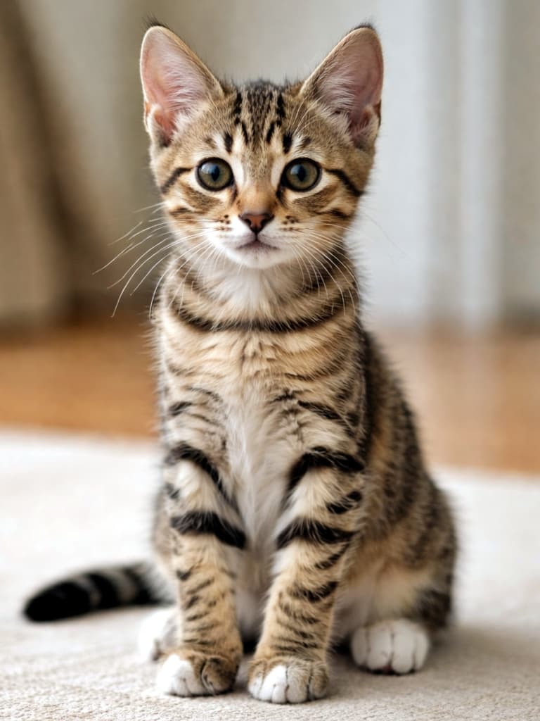 「子猫から若猫へ。すらっとした手足と落ち着いた表情が、成長の一瞬を感じさせる70日齢キジトラさん🐾」A photorealistic brown tabby domestic shorthair kitten, around 70 days old, sitting calmly indoors with a composed posture, natural proportions, and soft lighting. 室内で落ち着いて座る、生後約70日のキジトラの短毛の子猫。自然な体型と成長段階が伝わるフォトリアルな一枚