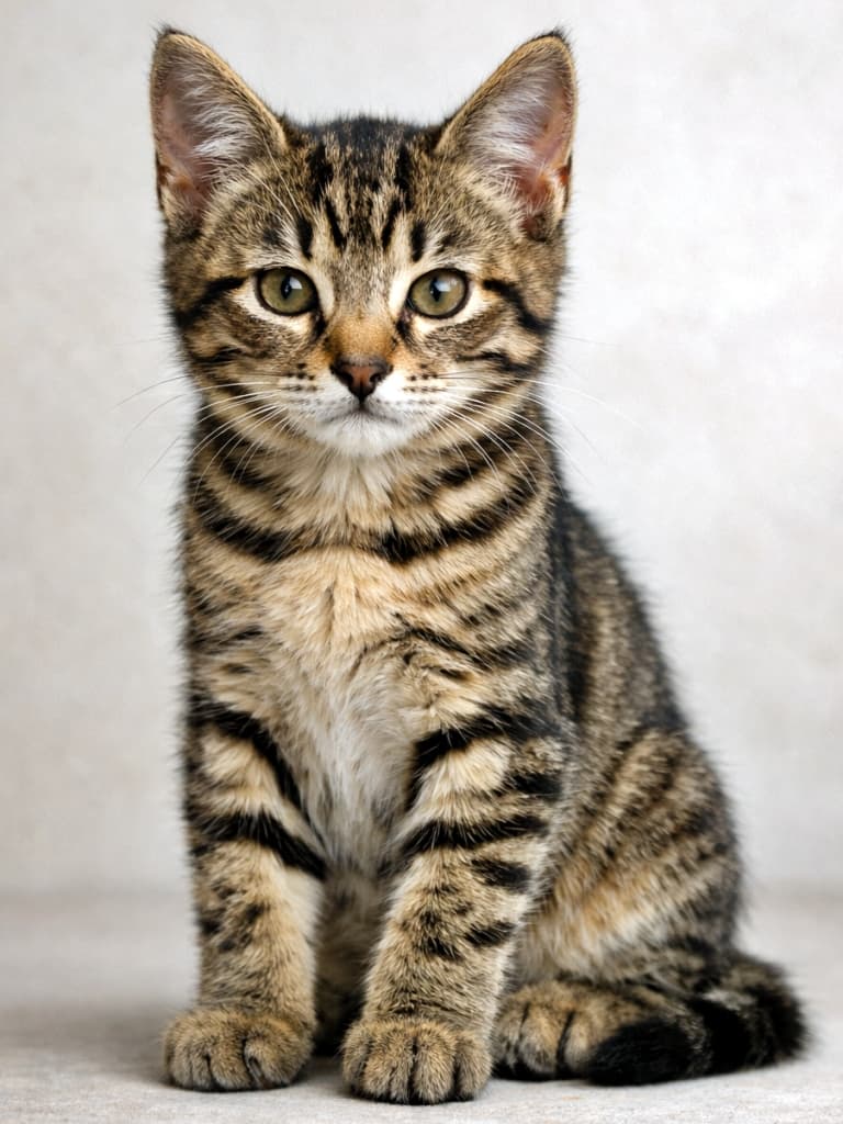 「少し大人びた表情にドキッ。8週齢、子猫から“小さな猫”へ成長中🐾」An 8-week-old brown tabby kitten sitting calmly with balanced proportions, photographed in soft natural light against a simple neutral background. シンプルな背景の中で、自然光に包まれ落ち着いて座る、生後8週齢のバランスの取れたキジトラ子猫