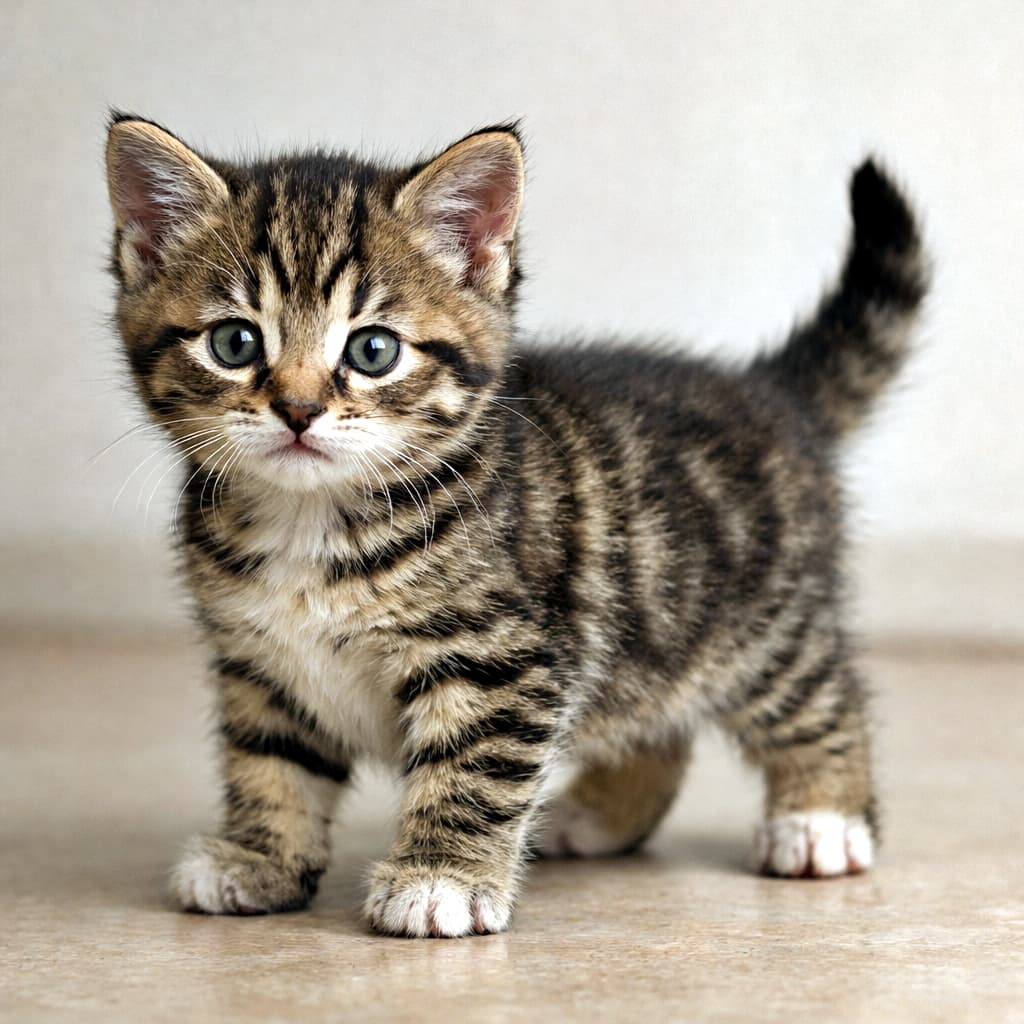 「よちよち卒業間近。ちょっと誇らしげに立つ、5週齢キジトラの成長記録🐾」A nearly five-week-old brown tabby domestic shorthair kitten standing confidently with short sturdy legs and a slightly raised tail, photographed in soft natural light against a simple neutral background. 生後約5週齢のキジトラの短毛の子猫が、短くしっかりした脚で自信を持って立ち、しっぽを少し上げている様子。自然光のやさしいライティングとシンプルな背景