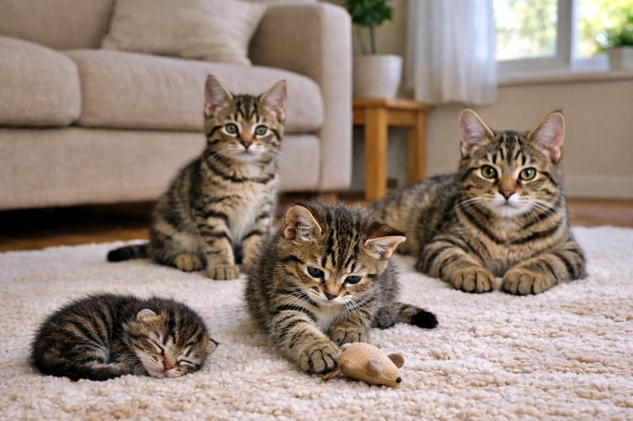 「同じ場所、同じ時間。でも成長はこんなに違う!子猫の「週齢差」が一目でわかる一枚🐾」Four domestic shorthair brown tabby kittens of different ages resting together in a cozy living room, showing clear differences in size, posture, and maturity from 2 weeks to 11 weeks old. 同じリビングルームで過ごす、生後2週から11週まで成長段階の異なる4匹のキジトラ子猫。体の大きさや姿勢の違いがはっきり分かる様子