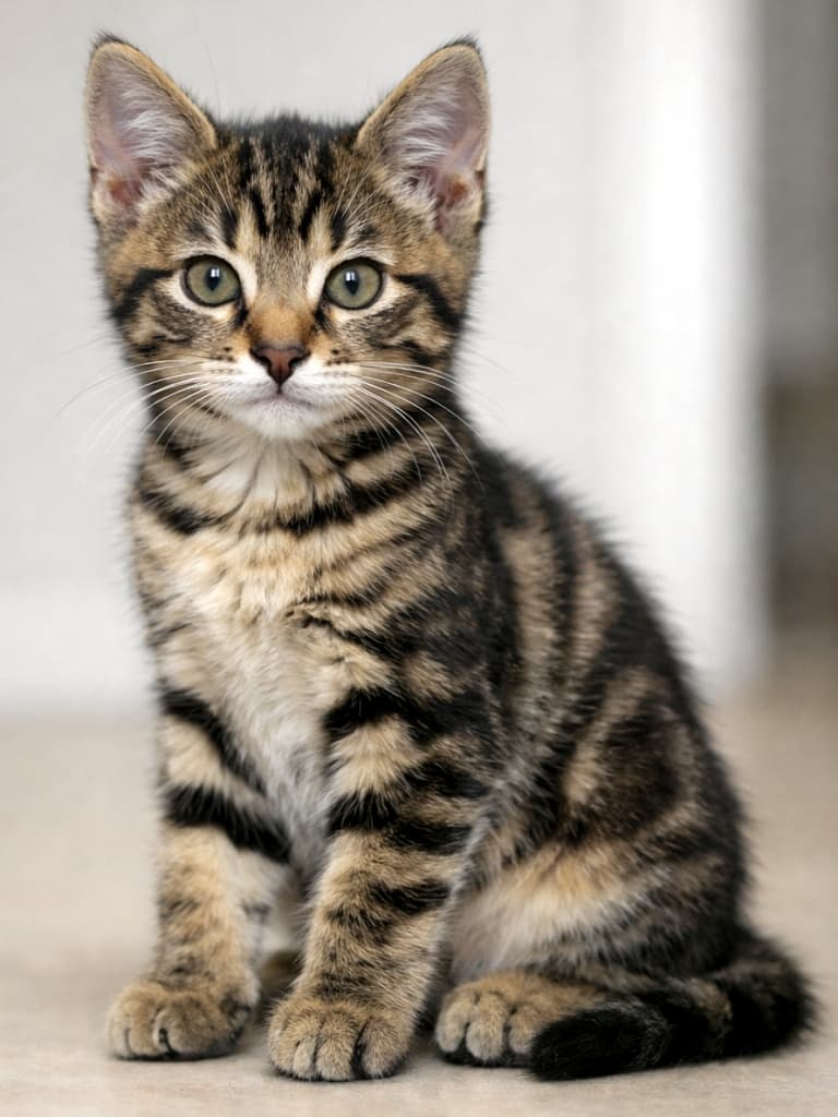 「子猫から少しお兄さん顔へ。9週後半の落ち着きと自信がにじむ、静かなまなざし」Photorealistic brown tabby kitten at late 9 weeks old, sitting calmly indoors with refined proportions and a confident gaze 生後9週後半のブラウンタビーの子猫が、室内で落ち着いた表情と整った体つきで座っている様子