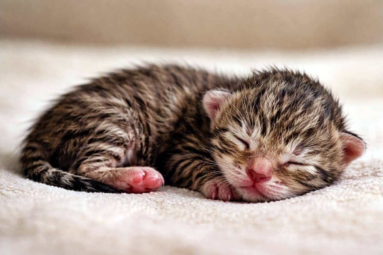 「この世に来たばかりの、ちいさな命。ぬくもりに包まれて、すやすや夢の中」A newborn domestic shorthair brown tabby kitten sleeping curled up, eyes closed, ears folded, with slightly damp fur and tiny pink nose and paw pads, photographed in soft natural light against a neutral background. 生まれたばかりの茶トラの短毛子猫が、目を閉じて丸くなり、湿った毛並みと小さなピンクの鼻と肉球が見える様子を、柔らかな自然光で撮影した写真