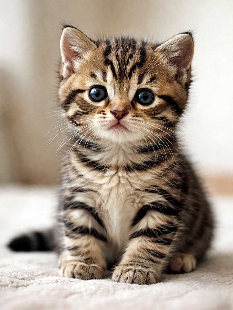 「生後1か月。お座りが上手になって、世界をじっと観察中の子猫さん🐾」A 1-month-old brown tabby kitten sitting steadily, with clearly defined ears, a round face, and an alert gaze, photographed in soft natural light against a simple neutral background. 生後1か月のキジトラの子猫が、安定したお座り姿勢でこちらを見つめている。丸い顔立ちと立った耳が特徴の自然光による写真