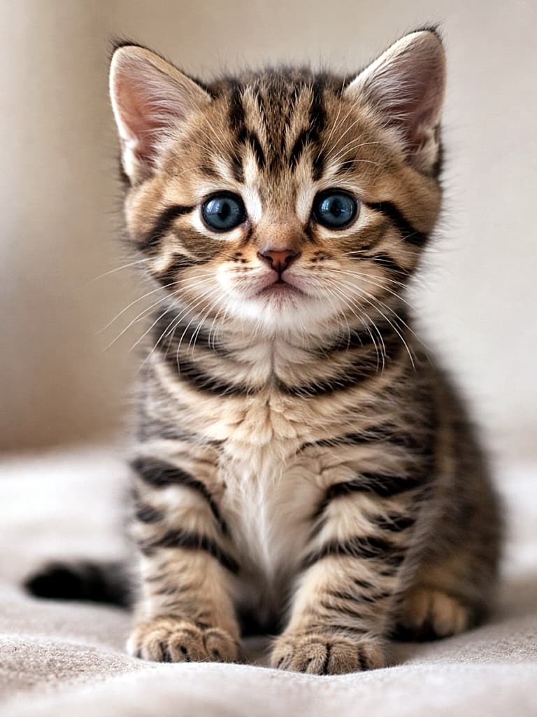 「おすわりが上手になってきた生後1か月。子猫らしい丸顔と、キリッとした視線の成長記録🐾」A 1-month-old brown tabby kitten sitting steadily with alert eyes, photographed in soft natural light against a neutral background 安定しておすわりする生後1か月のキジトラ子猫。自然光で撮影されたリアルな成長段階の姿