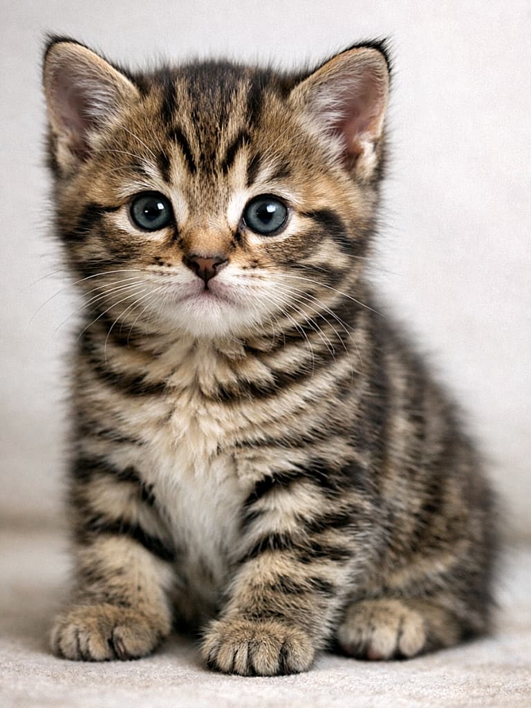 「おすわりが安定してきた生後1か月の子猫。まだ幼さを残した表情がたまらない一瞬」A 1-month-old brown tabby kitten sitting steadily with alert eyes, realistic proportions, soft natural lighting, photorealistic 生後1か月のキジトラ子猫。安定して座り、首がしっかりしてきた様子と、警戒心のある澄んだ目が印象的なリアルな描写「盛ってないのに可愛い」