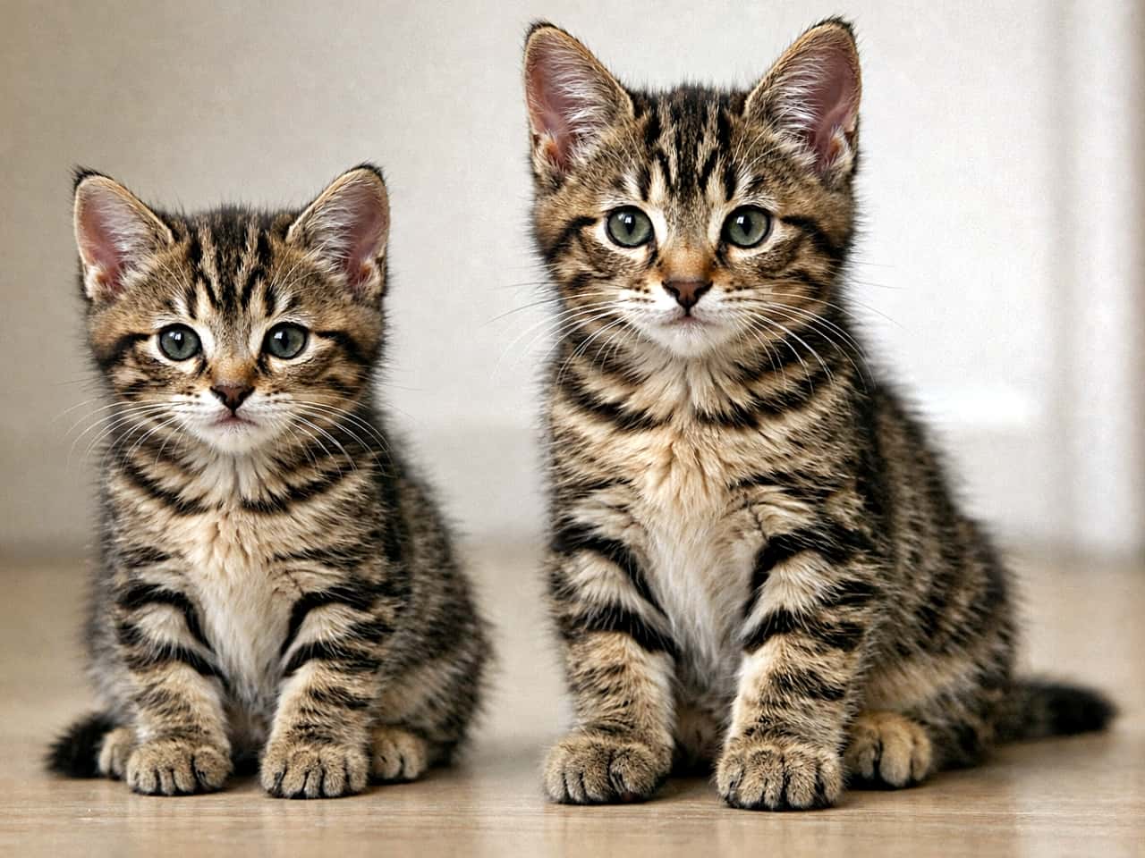「わずか2週間でここまで変わる!8週と10週の子猫、体つきと表情の成長くらべ」Photorealistic comparison of two domestic shorthair brown tabby kittens sitting side by side, one 8 weeks old and one 10 weeks old, showing clear differences in size, body proportions, and maturity under soft natural indoor lighting. 8週齢と10週齢のキジトラの短毛子猫が並んで座り、体の大きさやバランス、成長の違いが分かるフォトリアルな比較画像