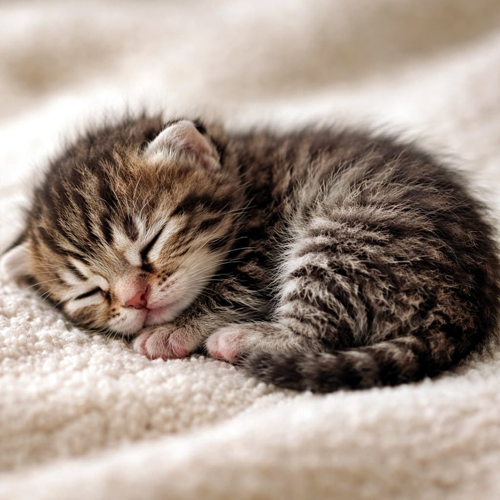 「まだ夢の途中。生後3日、くるんと丸まってすやすや成長中の小さな命🐾」A three-day-old brown tabby kitten sleeping curled up, eyes closed, ears still folded, with soft fluffy fur, photographed in natural light on a neutral background. 生後3日のキジトラの子猫が、目を閉じて体を丸め、やわらかな毛並みで静かに眠っている様子