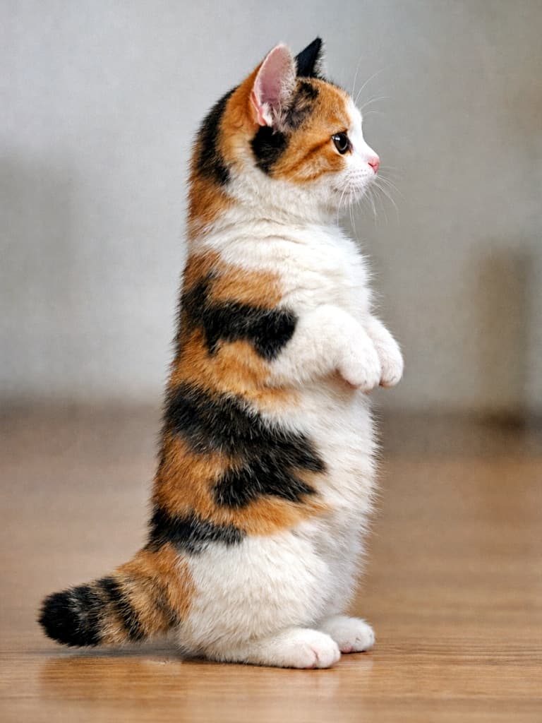 A photorealistic calico Munchkin kitten standing upright on its hind legs in a meerkat-like pose, shown in a perfect side profile indoors with soft lighting and detailed fur texture. 室内で柔らかな光を受けながら、後ろ足で立ち上がりミーアキャットのようなポーズをとる三毛のマンチカン子猫を、真横から全身写した高精細な写真