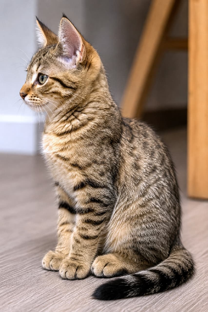 「お行儀よくお座りして、何を見つめているのかな？🐈🐾 キリッとした横顔がイケメンすぎるキジトラちゃん #キジトラ #子猫 #にゃんすたぐらむ #猫のいる暮らし」Ultra-realistic high-quality photograph of a classic tabby kitten sitting calmly on a light wooden floor. Shown in a 30-degree side profile, the kitten has a long tail with dark rings, missing the intended Pixiebob bobtail trait. Detailed fur texture, a focused expression, and upright ears are captured perfectly under soft indoor lighting with a blurred wooden furniture background. 明るい木目調のフローリングでお行儀よくお座りをする、クラシックタビー（キジトラ）の子猫の30度斜め横顔。ピクシーボブ特有の短い尻尾は反映されず、黒い縞模様の入った長い尻尾が床に横たわっている。真剣な眼差し、ふんわりとした胸元の毛並み、背後の木製家具が自然な光と影の中で高精細に描写された一枚