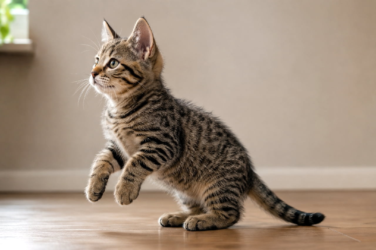 「「えいっ！にゃんこパンチの前段！🐾 この真剣なお顔と、これからジャンプしそうな後ろ脚の躍動感にキュン🥺💕 #キジトラ #立ち猫 #にゃんすたぐらむ #子猫 #猫のいる暮らし」An ultra-realistic high-quality photograph of a Pixiebob-inspired classic tabby kitten in dynamic motion indoors. The kitten is pushing off with its hind legs on a wooden floor, with front paws lifted, looking intently upward with serious greenish eyes. Its rich brown and black swirling fur texture is highly detailed, captured under soft indoor lighting with natural shadows. The full body is visible in a sharp 30-degree side profile, conveying the immediate action of rising. 木目調のフローリングで後ろ脚を踏ん張り、前脚を地面から浮かせて上を見つめる、クラシックタビーのピクシーボブの子猫。野生味のある濃いブラウンと黒の複雑な渦巻き模様の被毛は高精細で、真剣な緑色の瞳が好奇心を映している。柔らかい屋内光が自然な陰影を作り出し、全身が写る斜め横向きの構図で、これから立ち上がろうとする瞬間の不安定な躍動感が感じられる
