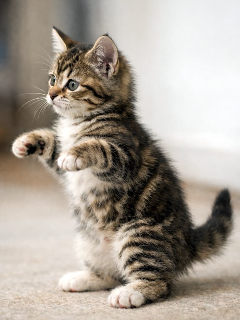 A photorealistic image of a kitten in a transitional pose, beginning to rise on its hind legs with front paws slightly lifted off the ground. The kitten is shown in a slightly angled side profile, appearing a bit unbalanced mid-movement, with upright ears in sharp focus under soft indoor lighting. 後ろ足で立ち上がりかけ、前足を少し浮かせた移行動作の瞬間を捉えた子猫のフォトリアルな画像。やや斜めの横向き構図で、動きの途中の不安定さが感じられ、耳はしっかり立ってピントが合い、柔らかな室内光に包まれている