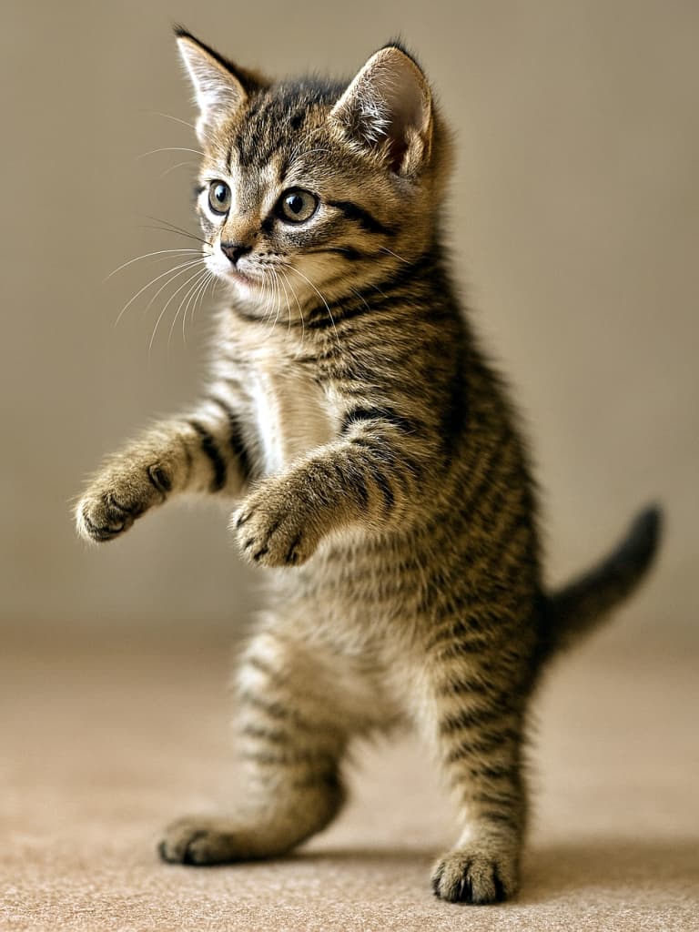 A photorealistic tabby kitten in a transitional pose, beginning to rise on its hind legs with front paws lifted slightly, shown in a 60–75 degree angled side profile. The posture is slightly unbalanced, capturing the moment of movement. The kitten’s entire body from head to tail is visible, with upright ears in sharp focus. Soft indoor lighting and natural shadows highlight the detailed fur texture. 写実的なタビー柄の子猫が後ろ足で立ち上がろうとする途中の姿勢で、前足を少し持ち上げた瞬間を捉えています。約60〜75度の斜め横向きで全身が頭から尾まで見え、耳はピンと立ち鮮明に描写されています。柔らかな室内光と自然な影が毛並みの質感を際立たせています