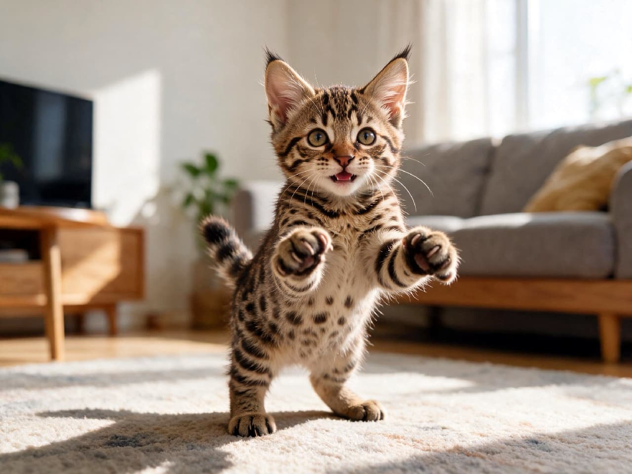 「わーい!遊ぼうよー!🙌☀️ 全力でアピールしてくるピクシーボブの子猫の可愛さにノックアウト😍 #バンザイ猫 #元気いっぱい」Ultra-realistic high-quality photograph of an energetic Pixie-bob kitten standing on its hind legs with both front paws raised, meowing happily in a sunlit living room, highlighting its spotted coat, short tail, and distinct lynx tips. 太陽の光がたっぷりと降り注ぐ明るいリビングで、両前足を高く上げてジャンプするようにはしゃぐピクシーボブの子猫。オオヤマネコのような耳の飾り毛(リンクスティップ)と美しいスポット模様、何かをおねだりして鳴いているような無邪気な表情がシャープに捉えられています