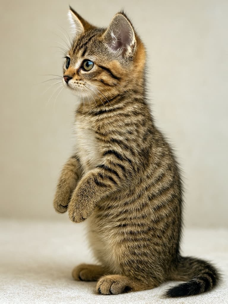 Classic tabby Pixiebob kitten in partial meerkat-like pose, side profile, ears upright, full body visible, soft indoor lighting, photorealistic fur detail. クラシックタビー柄のピクシーボブ子猫がミーアキャットのように前足を少し持ち上げた横向きポーズ。全身が見え、耳はピンと立ち、室内の柔らかな光で毛並みがリアルに描写されている