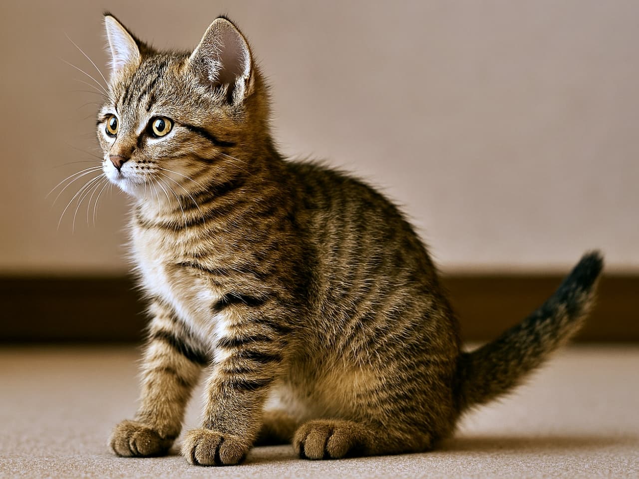 A classic tabby Pixiebob kitten sitting calmly with both front paws grounded, viewed from a sharp side angle in soft indoor lighting. クラシックタビー柄のピクシーボブ子猫が前足を揃えて穏やかに座っている様子。鋭い横向きの角度から撮影され、室内の柔らかな光に包まれている