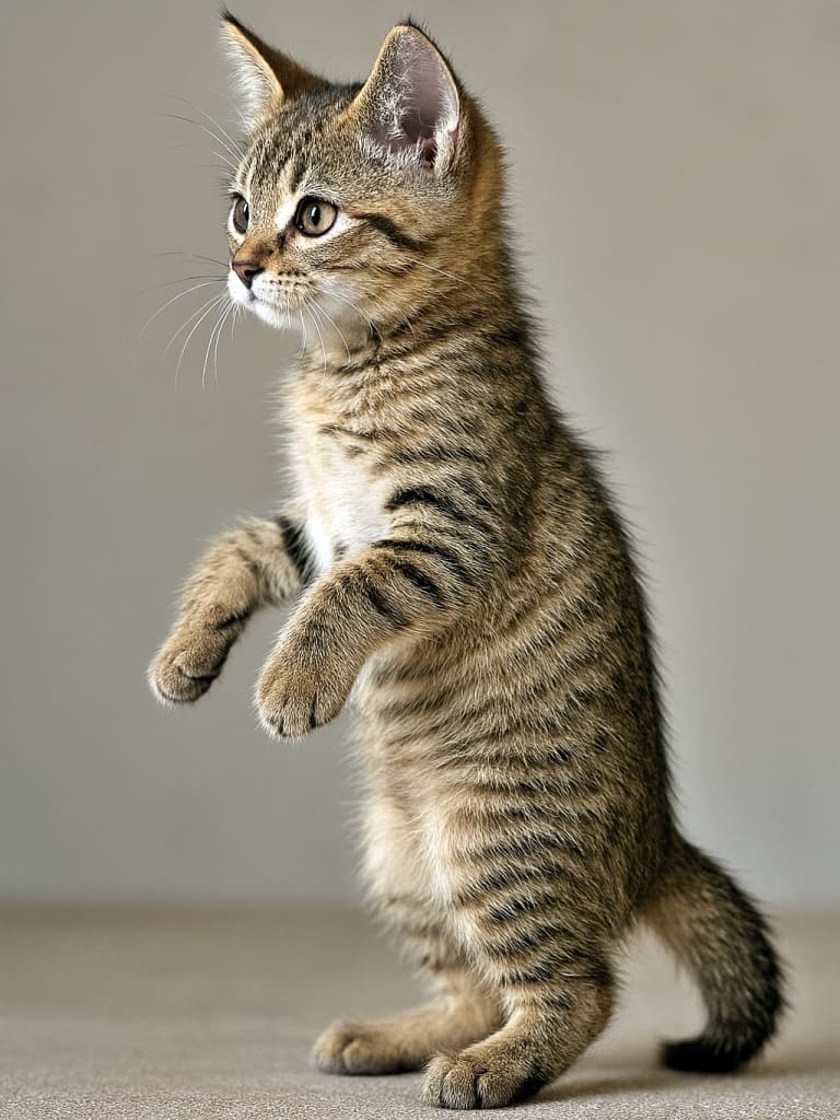 A classic tabby Pixiebob kitten in a partial meerkat pose, leaning forward with bent hind legs and half-raised front paws, shown in perfect side profile under soft indoor light. クラシックタビーのピクシーボブ子猫が、前傾姿勢で後ろ足を軽く曲げ、前足を半分持ち上げたミーアキャット風ポーズ。柔らかな室内光の中、真横から撮影された一枚