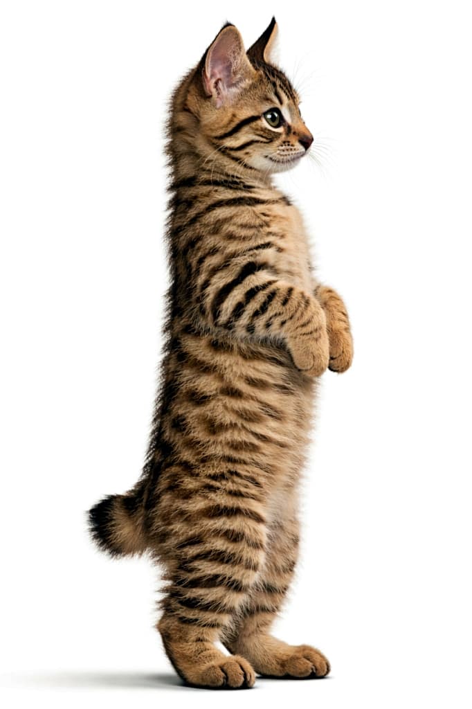 A classic tabby Pixiebob kitten standing upright on its hind legs in a meerkat-like pose, shown in a perfect side profile with ears sharply focused, photorealistic indoor lighting. クラシックタビーのピクシーボブの子猫が、ミーアキャットのように後ろ足で直立し、完全な横向きのシルエットで立っている様子。耳ははっきりと立ち、室内の柔らかな光で写された高精細な写真風画像