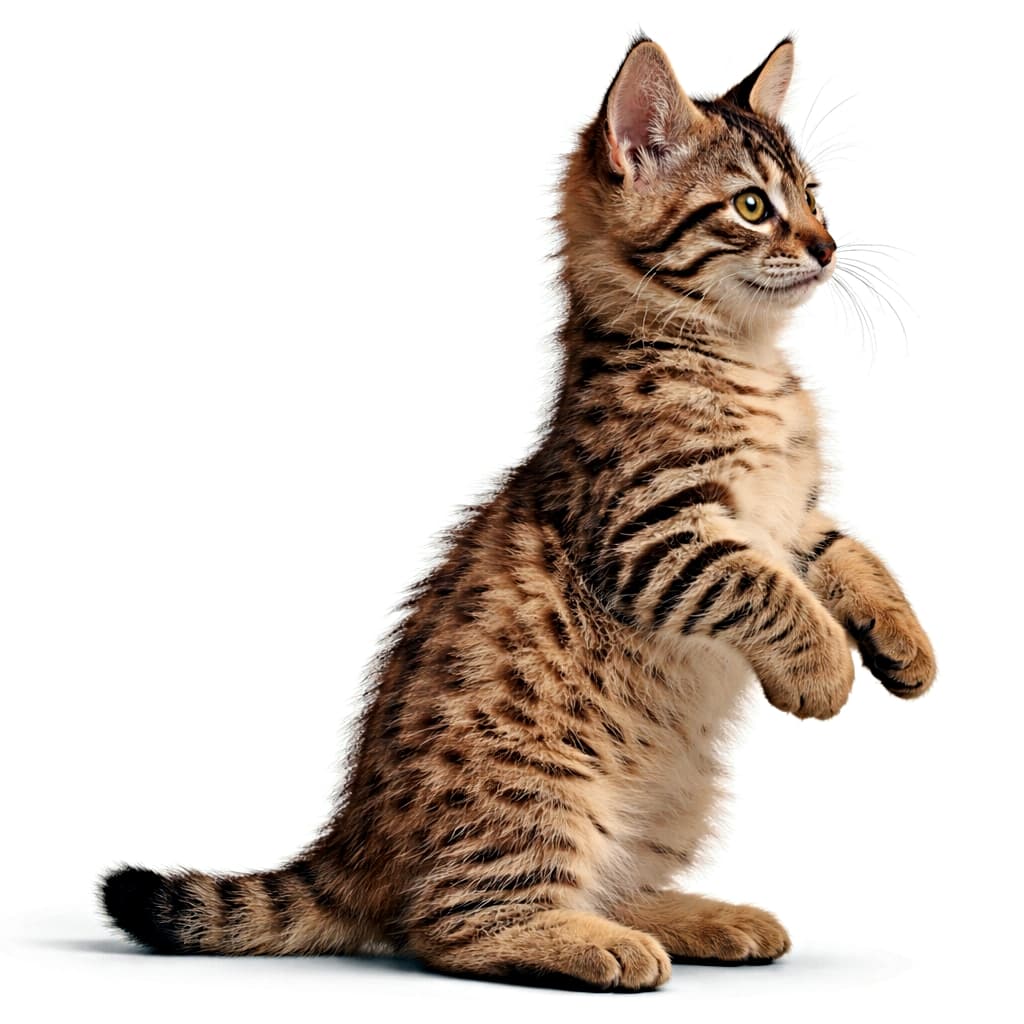A classic tabby Pixiebob kitten in a partial meerkat-like pose, front paws slightly lifted as it begins to stand, shown in a perfect side profile under soft indoor lighting. ミーアキャットのように立ち上がりかけて前足を少し浮かせた、クラシックタビーのピクシーボブの子猫を、真横から捉えた室内光の写真
