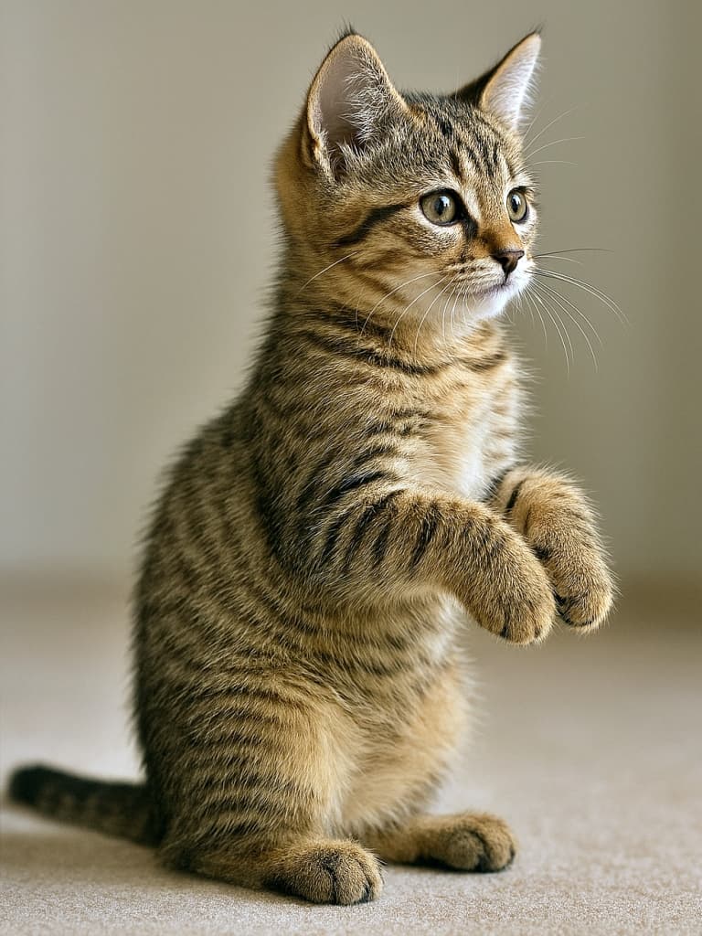 Side profile of a seated classic tabby Pixiebob kitten with raised front paws and forward-leaning chest, captured in soft indoor light with detailed fur texture and upright ears in sharp focus. 前足を半分持ち上げ、胸を前傾させて座るクラシックタビーのピクシーボブ子猫を横から撮影。柔らかな室内光の中で毛並みの質感と立った耳が鮮明に描写されている