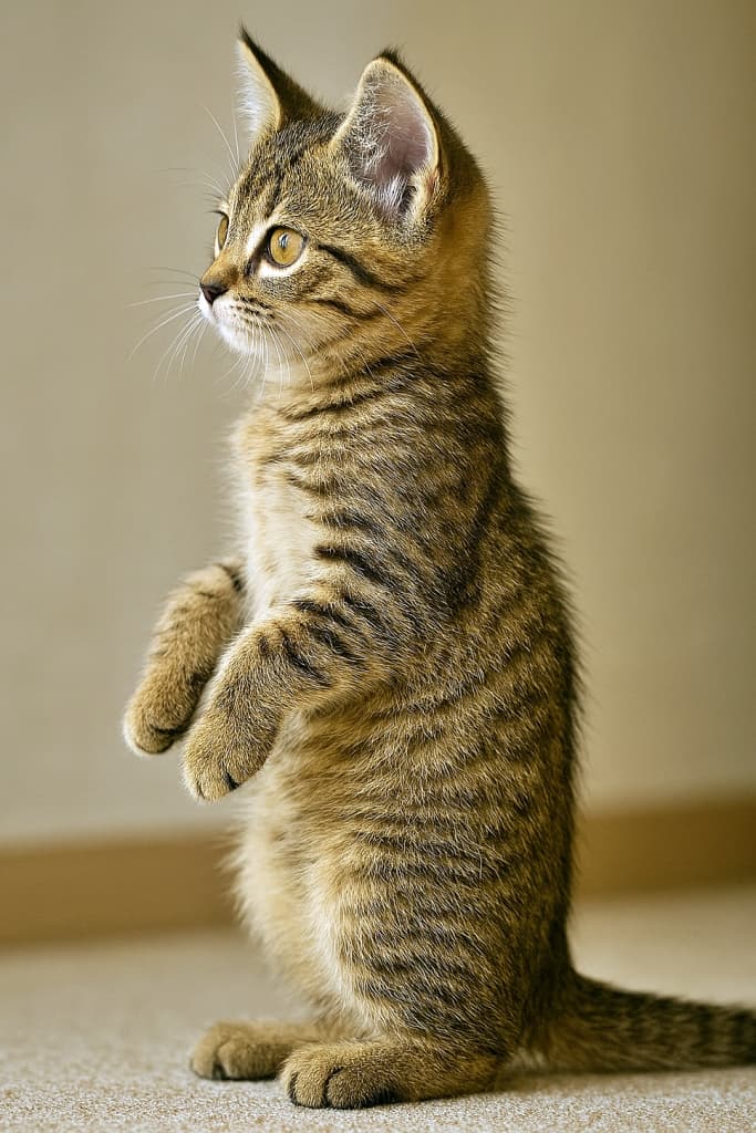 Classic tabby Pixiebob kitten in a partial meerkat pose, side profile view with lifted front paws and upright ears, softly lit indoors with detailed fur texture. クラシックタビー柄のピクシーボブ子猫がミーアキャットのようなポーズで横向きに立ちかけている。前足を少し持ち上げ、耳はピンと立ち、室内の柔らかな光の中で毛並みの質感が際立っている