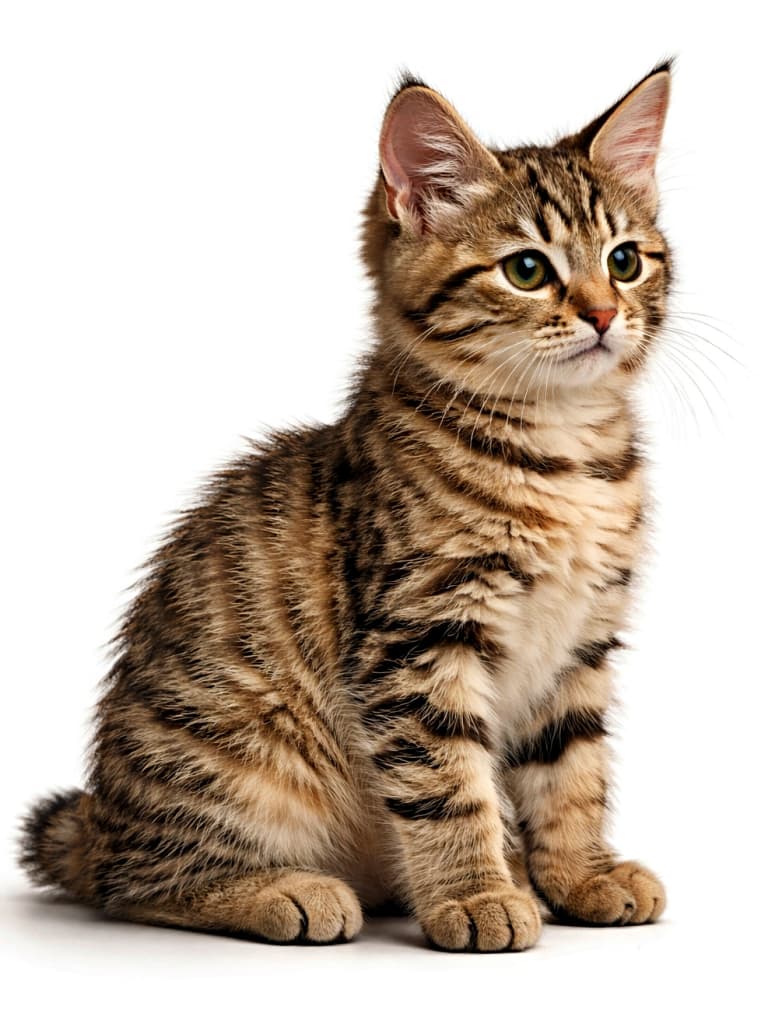 A classic tabby Pixiebob kitten sitting calmly on its hind legs, shown in a sharply angled side profile with upright ears and detailed fur under soft indoor lighting. クラシックタビー柄のピクシーボブの子猫が、後ろ足で落ち着いて座り、耳を立てた状態で斜め横から写っている様子。柔らかな室内光の中で毛並みが細部まで描写されている