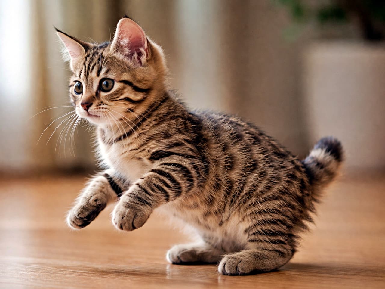 A classic tabby Pixiebob kitten just beginning to rise on its hind legs, front paws lifting slightly off the floor, captured in a low, slightly unbalanced moment from a sharp side angle under soft indoor lighting. 後ろ足で立ち上がろうとする瞬間のクラシックタビーのピクシーボブの子猫。前足がわずかに床から浮き、低く不安定な姿勢を鋭い斜め横構図で捉えた室内の写真