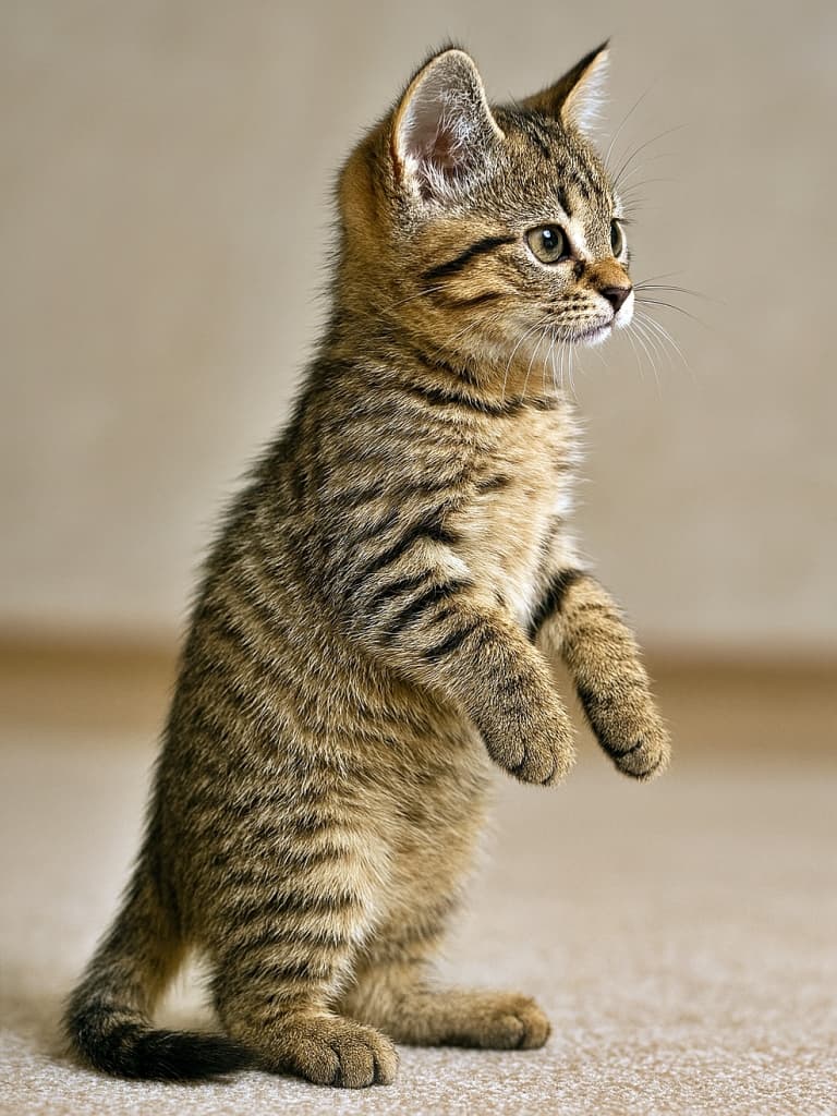 「ちょっと背伸びしてみたら、世界が広がるかも!」A photorealistic classic tabby Pixiebob kitten in a partial meerkat standing pose, shown in perfect 90-degree side profile with its entire body visible from head to tail. The kitten lifts its front paws slightly as if preparing to stand upright. Its ears are upright and sharply focused, with detailed fur texture highlighted by soft indoor lighting and natural shadows. フォトリアルなクラシックタビー柄のピクシーボブ子猫が、ミーアキャットのように半立ち姿勢で前足を少し持ち上げ、直立しようとする瞬間を捉えています。体は頭から尾まで完全な横向き90度の側面で見え、耳はピンと立ち鮮明に描写されています。柔らかな室内光と自然な影が毛並みの質感を際立たせています